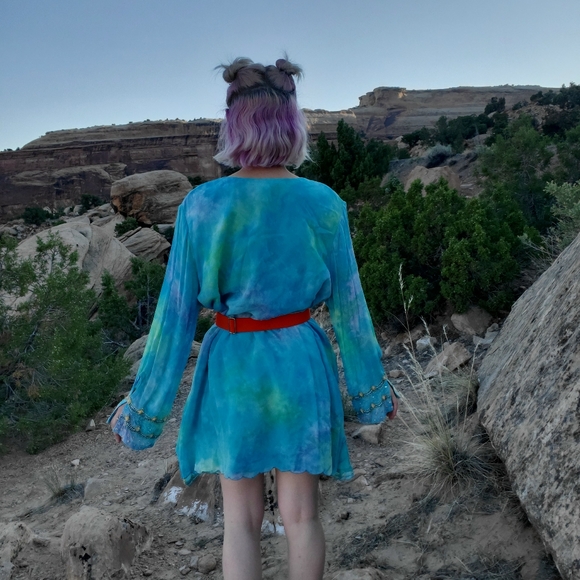 Roaman's Blue Tie Dye Beaded Chiffon Dress - Picture 14 of 14